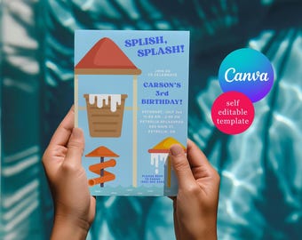 Splash Pad Themed Birthday Party Invitations, Splish, Splash!  Editable Canva Template, Toddler Summer Birthday Invitation, Splashpad