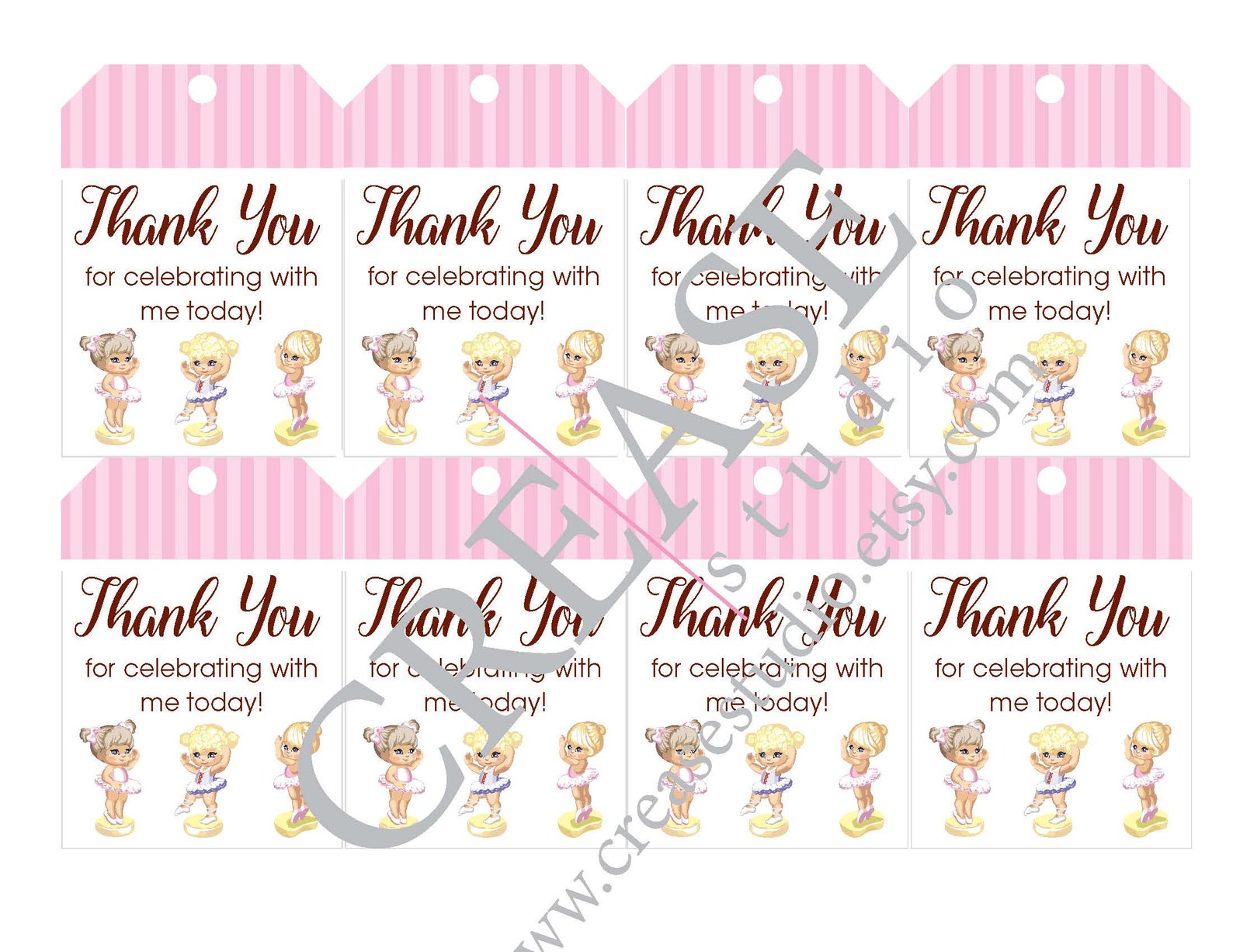 ballerina birthday party favor thank you card printable, ballet, dance shoes, tutus, pink, stripes, thank you for celebrating wi