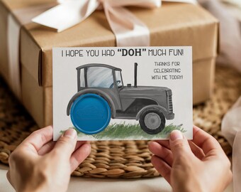 Gray Watercolor Tractor, farming birthday party play doh favor gift card printable, thank you for celebrating with me today, gray tractor