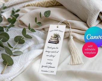 Silver and Green Book Themed Bridal Shower Bookmarks, Editable Canva Template, A New Chapter Begins