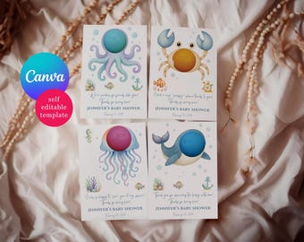 Sea Creature Baby Shower Favor Cards for EOS Lip Balm, Editable Canva Template, Whale, Jellyfish, Crab, Octopus