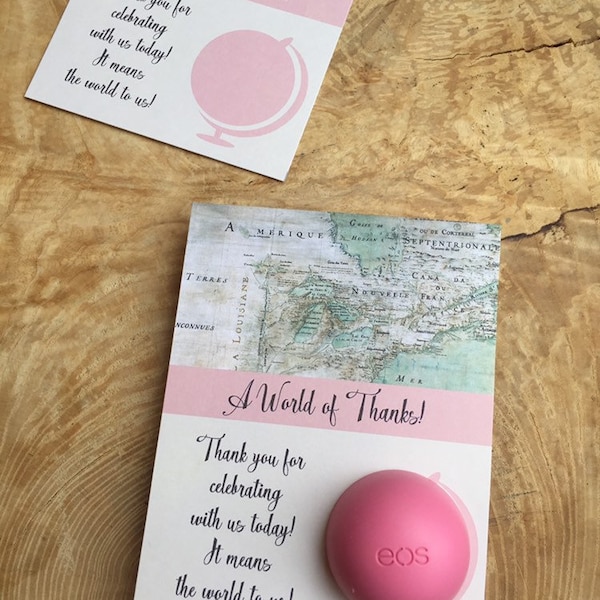 A world of thanks bridal shower EOS lip balm favor cards, printable,world,globe, map, old,vintage,it means the world to us, pink ivory,brown