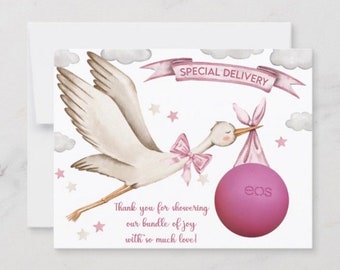 Stork, bundle of joy, baby shower, baby sprinkle, EOS lip balm party favor, thank you for showering, pink, tan, special delivery, baby girl