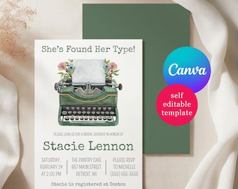 Green Typewriter, She's Found Her Type! themed Bridal Shower invitation, Editable Canva Template, Vintage Typewriter