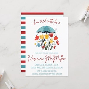 Mit Liebe übergossen! Frühlings-Regenschirm-Babypartyeinladung, Tulpen, blau, rot, gelb, Frühlingsregen, Baby bestreuen, geschlechtsneutral, printable