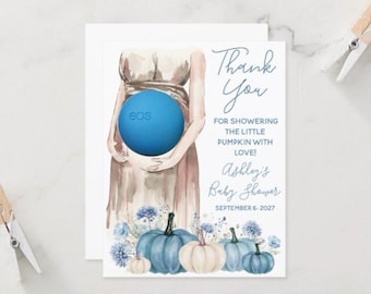 Expectant mother-to-be baby shower favor printable, EOS lip balm,thank you for showering our little pumpkin with love, blue pumpkins, floral