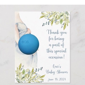 Werdende Mutter-zu-sein Babypartybevorzugung bedruckbar, EOS Lippenbalsam, danke, dass Sie ein Teil dieses besonderen Anlasses sind, hellhäutig, blau, grün