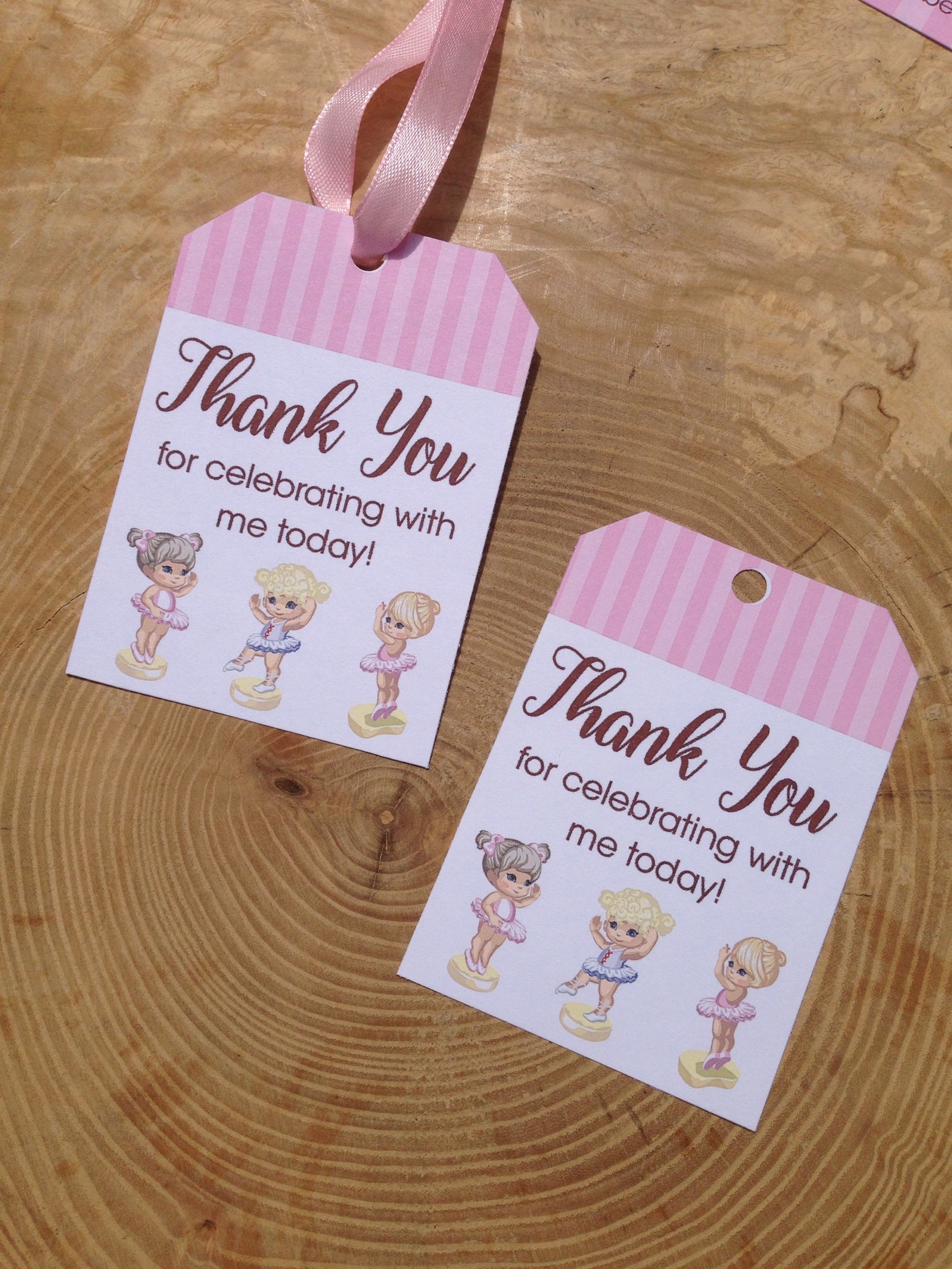 ballerina birthday party favor thank you card printable, ballet, dance shoes, tutus, pink, stripes, thank you for celebrating wi