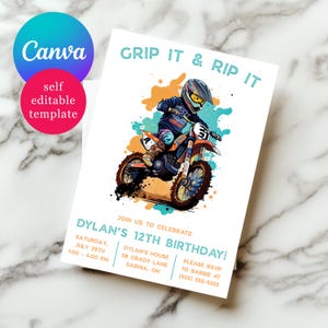 Dirt Bike Birthday Party Invitation, Grip it and Rip it!  Editable Motocross Party Invitation,  kids' birthday, Canva Template