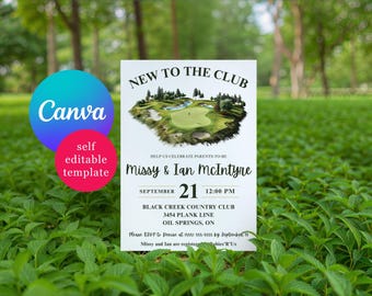 Golf Themed Baby Shower Invitation, New to the Club!  Editable Canva Template, Printable, Downloadable File, Golf Course, Argyle
