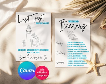 Coastal themed Bachelorette Party Invitation, Last Toast on the Coast Editable Canva Template, Instant Download Printable, Weekend Itinerary