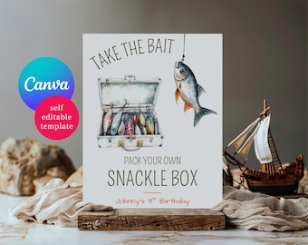 Fishing Themed Birthday Party Snackle Box Favor Sign, Editable Canva Template, Instant Digital Download, Take the Bait Birthday Party Decor
