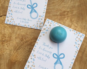 Thank you for showering mommy and baby with love! Personalized printable favor cards for EOS lip balm, rattle, baby shower, blue, gold