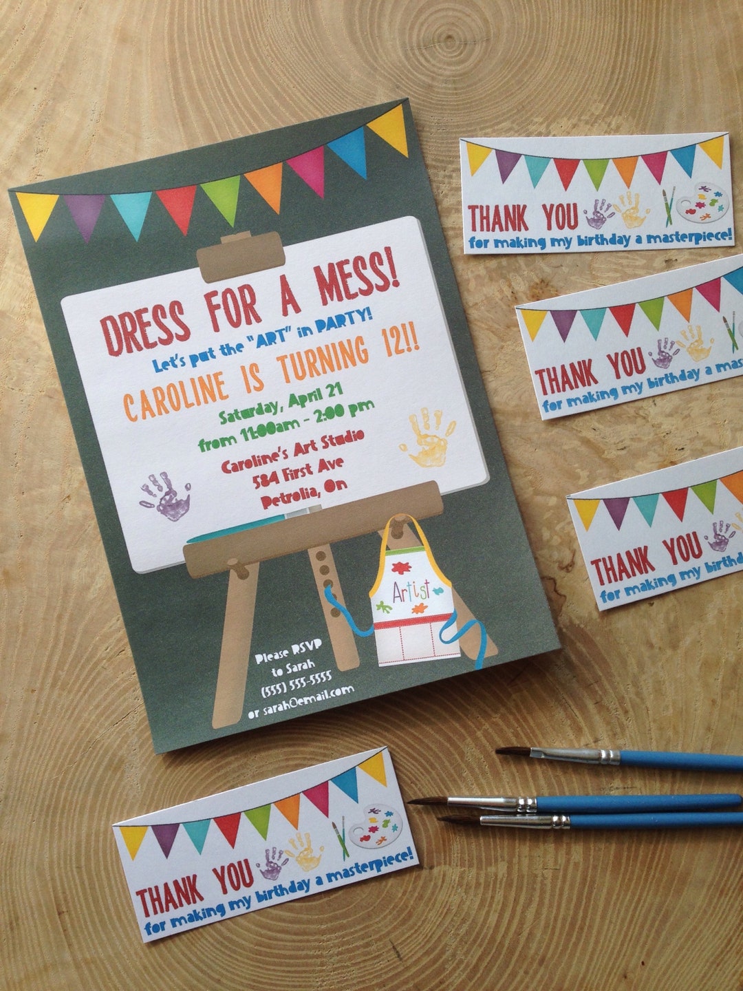 Art Birthday Party Invitation and Thank You Card Favor Set, Dress for a ...