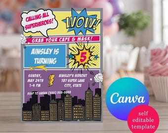 Pastel Superhero Comic Book Birthday Party Invitation, Editable Canva Template, Calling all Superheros
