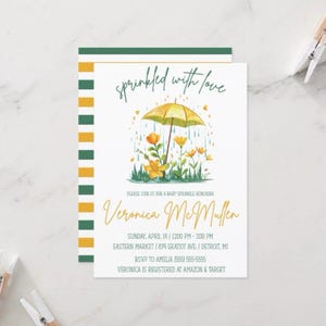 Mit Liebe besprenkelt! Spring Umbrella Baby Shower Einladung, Blumen, gelb, grün, Frühlingsregen, Babyparty, geschlechtsneutral, printable