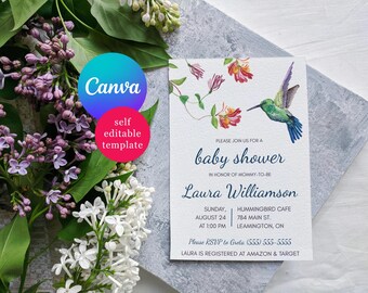 Hummingbird Baby Shower Invitation, Editable Canva Template, Gender Neutral, summer floral