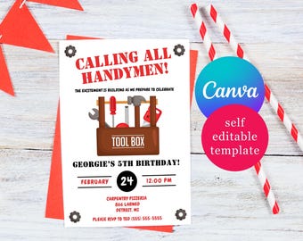 Excitement is Building! Handyman, Construction themed birthday party invitation, Editable Canva Template, toolbox, tools