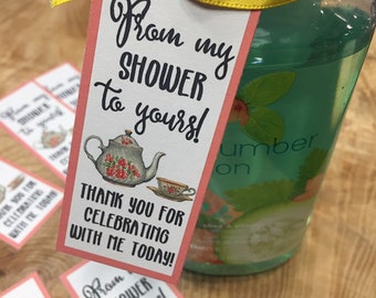 From my shower to yours, bath bomb, soap, shower favor thank you tags, printable, download, tea, tea party, cup and saucer, tea pot, pink