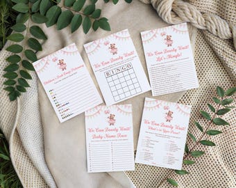 Pink Teddy Bear Baby Shower Games Bundle, We Can Bearly Wait!  5 Shower Games, 5x7 inch Printables, Instant Downloadable Files