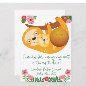 Vielen Dank, dass Sie heute mit uns verbracht haben! Faultier Themen Baby Shower EOS Lippenbalsam Gunst Karten, personalisiert, kundenspezifische, rosa Blumen, Mutter und Baby Mädchen