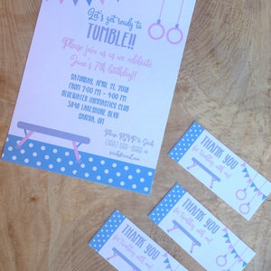 Gymnastik, Turnen Einladung und Danke-Karte Set, Let's get ready to tumble, pink, lila, blau, Fitness-Studio, Schwebebalken, Ringe