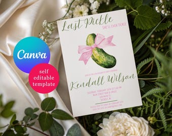 Last Pickle She'll Ever Tickle, Coquette Pickle Themed Bachelorette Party Invitation, Editable Canva Template, Instant Download Printable