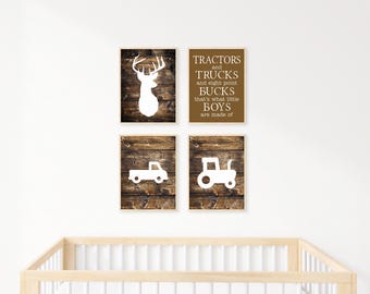 Rustic Tractors, Trucks, Eight Point Bucks Art Print Set, Boys Nursery Decor, Instant Download, Brown, white, Wooden Background, Printables