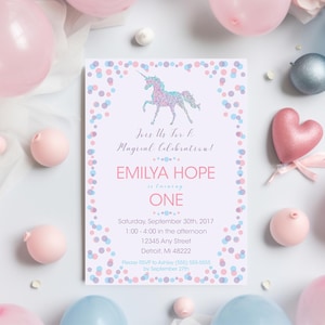 Glitter Unicorn Birthday Invitation, Join us for a Magical Celebration!  Pink, Purple, Blue, 5x7 inch Printable Invite, Downloadable File