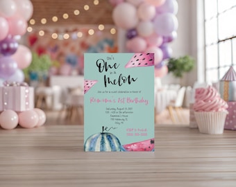Watermelon First Birthday Invitation and Play Doh Party Favor Set, She's One in a Melon First Birthday Party Invitation, Thank You Gift