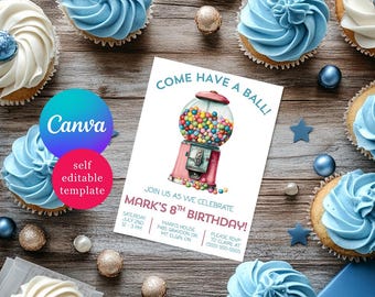 Gumball Machine Birthday Party Invitation, Come Have a Ball! Editable Canva Template, Instant Download Printable, Retro Gumball Machine