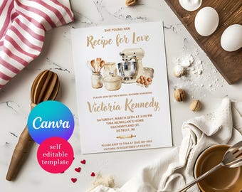 She Found Her Recipe For Love! Baking Bridal Shower Invitation, Editable Canva Template, Instant Download, Printable, Ivory Mixer