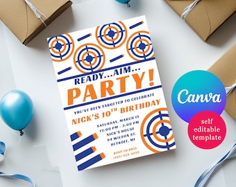 Ready, Aim, Party! Kids' Foam Darts and Targets themed birthday party invitation, orange, blue, play guns, download, printable, unisex, 5x7