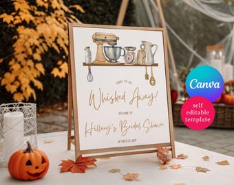 Beige Bridal Shower Welcome Sign, Soon-to-be Whisked Away! Editable Canva Template, Instant Digital Download, Baking, Kitchen Utensils