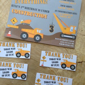 Construction birthday party invitation and thank you card favor set, dump truck, crane, construction, hard hat, men working, yellow, gray