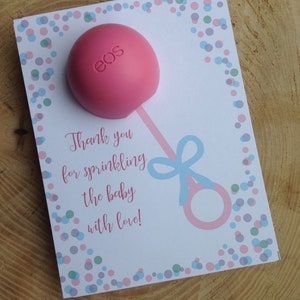 Rattle baby shower, baby sprinkle, EOS lip balm party favor, thank you for sprinkling the baby with love, gift, purple, blue, pink,polka dot