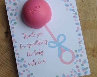 Rattle baby shower, baby sprinkle, EOS lip balm party favor, thank you for sprinkling the baby with love, gift, purple, blue, pink,polka dot