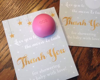 Love you to the moon and back baby shower favor printable, EOS lip balm cards, download, gray, gold, white, thank you