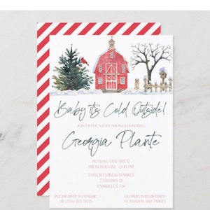 Baby, fa freddo fuori, invito per baby shower con scena invernale in un fienile rosso, stampabile 5"x7", recinto, neve, inverno, alberi, cardinale, casetta per uccelli, cane