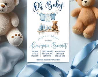 Oh Baby! Baby Boy Layette Baby Shower invitation, 5"x7" printable, blue, brown, teddy bear, clothesline, baby boy clothes, oh boy, custom