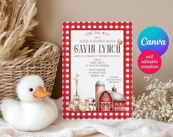 Barnyard Farm birthday party invitation, Oink, Baa, Moo! Editable Canva Template, Instant Download Printable, Red Gingham, Farm Animals