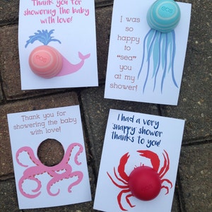 Sea creature thank you cards for EOS lip balm, printable, octopus, crab, jellyfish, whale, lip balm, diy, party favor, baby shower, pink