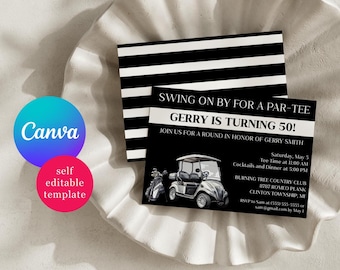 Black and White Golf themed birthday party invitation, Swing on by for a Par-tee! Editable Canva Template, Instant Download, Printable File