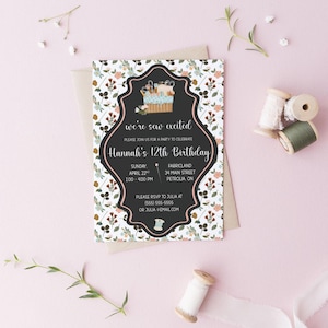 We're Sew Excited! Embroidery, sewing themed birthday party invitation, 5"x7" printable, sewing box, thread, pins, scissors, floral,download