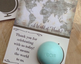 A world of thanks baby shower EOS lip balm favor cards, printable, world, globe, map, old, vintage, welcome to the world, brown, tan, beige