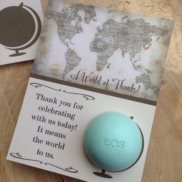 A world of thanks bridal shower EOS lip balm favor cards, printable, world, globe, map, old, vintage, welcome to the world, brown, tan,beige