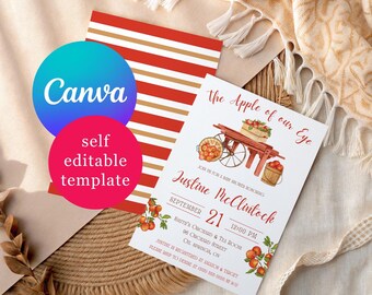 Apple Themed Baby Shower invitation, The Apple of our Eye!  Editable Canva Template, Fall Baby Shower, Autumn Baby Sprinkle