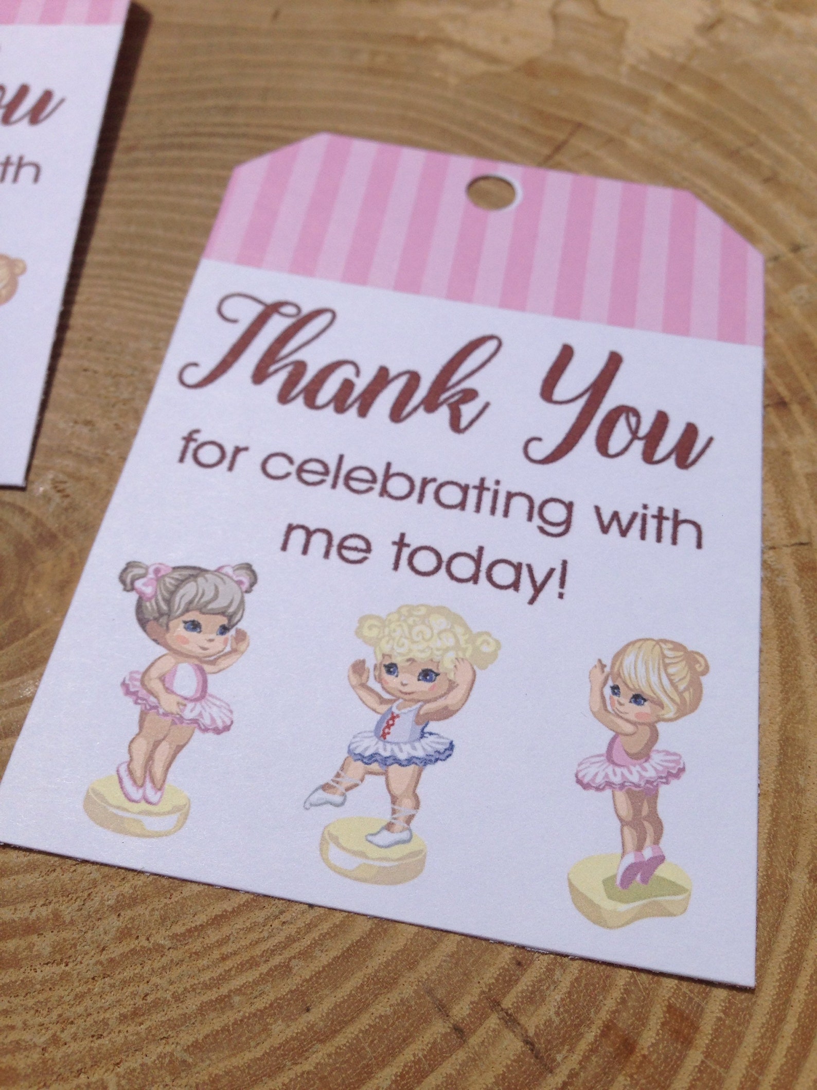 ballerina birthday party favor thank you card printable, ballet, dance shoes, tutus, pink, stripes, thank you for celebrating wi