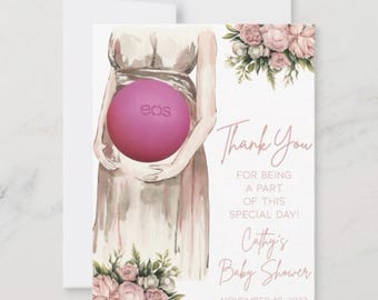 Expectant mother-to-be baby shower favor printable, EOS lip balm, thank you for being a part of this special day, light skinned, pink roses