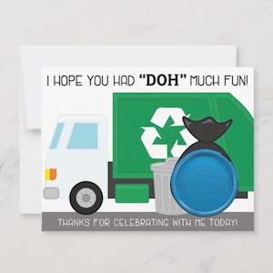 Camion de recyclage, camion à ordures, fête d'anniversaire Trash Bash carte cadeau play doh favor imprimable, merci d'avoir célébré avec moi aujourd'hui, vert